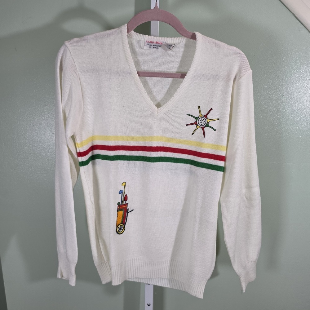 Lady LaMode‎ Vintage Knit Sweater Golf Embroidered Women's Size Large White 80s